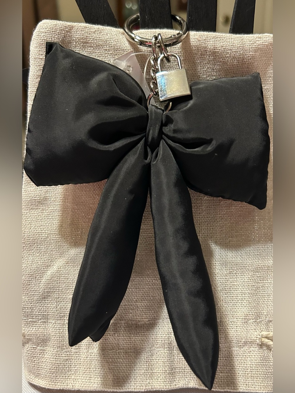 Satin Black Bow with silver locket Keychain/Bag Charm
